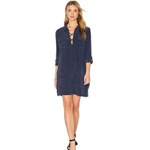 100% silk EQUIPMENT Knox Long Sleeve Button Up Dress  Navy Blue Pockets …